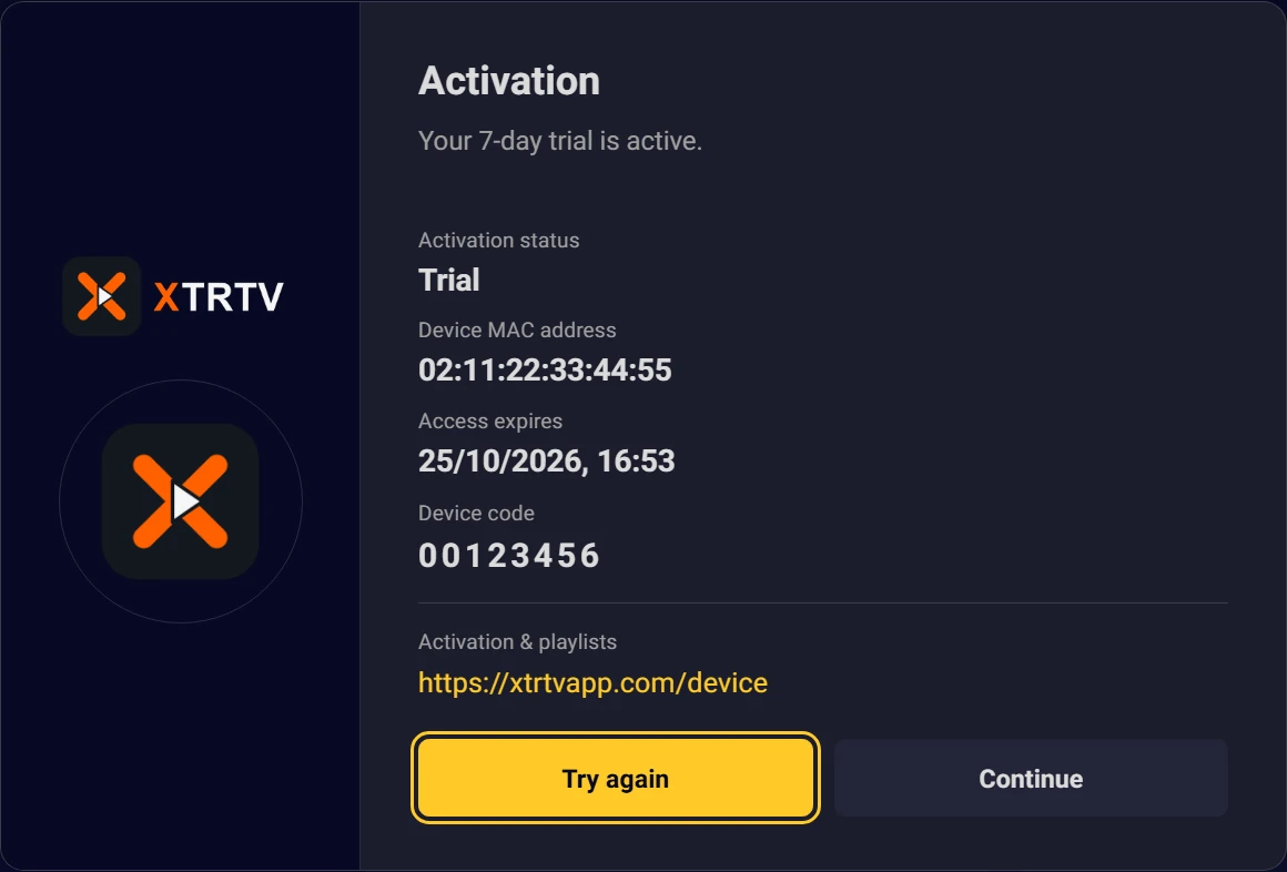 XTRTV activation screen showing an example TV MAC address and device code