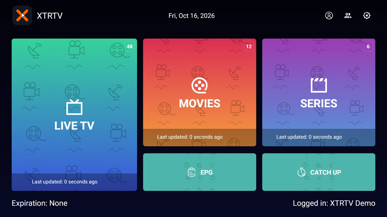 XTRTV TV app home screen with Live TV, Movies, Series, EPG and Catch up